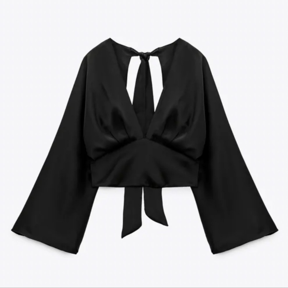 NEW Zara V-neck Satin cropped blouse long sleeves tie back